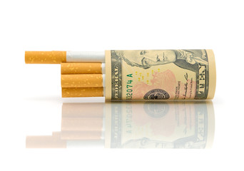 cigarettes and money on a white background