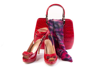 Red shoes, bag and belt