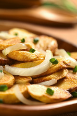 Homemade crispy fried potato slices with fried onion