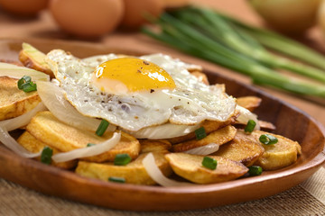 Fried egg on crispy fried potato slices with fried onion