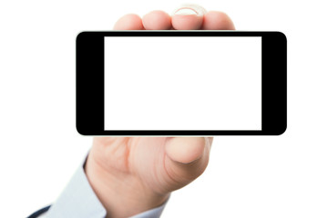 Hand holding smartphone with a blank screen