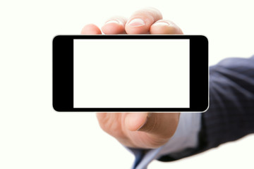 Hand holding smartphone with a blank screen