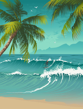 Tropical background with a surfer and palm trees