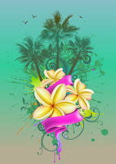 Fototapeta na wymiar Tropikalna tła z kwiatami i palmami plumeria
