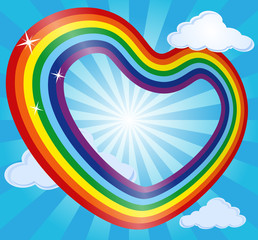 Rainbow heart in sky with clouds and sun Vector illustration