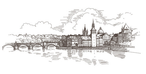 Naklejka premium Panorama Pragi. Widok na Most Karola i Wełtawę