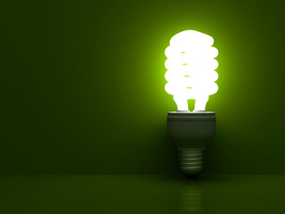 Energy saving light bulb glowing on green