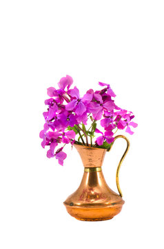isolated brass vase and spring flowers