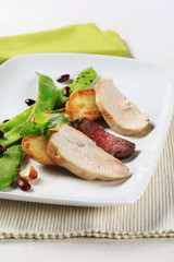 Chicken and beef meat with vegetable garnish