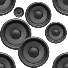 Music background, audio speakers seamless pattern on white