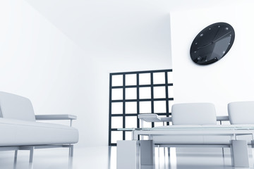 modern room with chair and clock on white wall