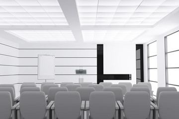 empty conference room with microphones visual board chairs