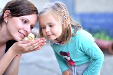 Happy girl with her little chicken