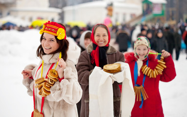 Women with pancakes during  Maslenitsa