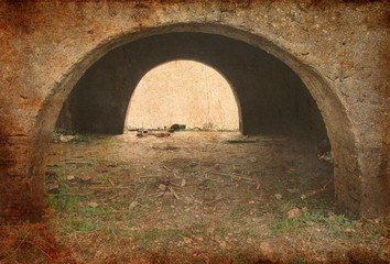 under the ruin bridge in grunge image background