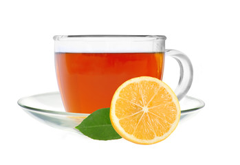 Glass cup tea with lemon slice isolated on a white background