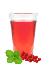 glass of juice, mint and fresh currant berries isolated on white
