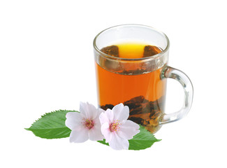 green tea with jasmine flowers in glass cup isolated on white ba