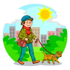 Papier Peint photo Chiens garçon marchant avec son chien