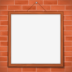 Wooden frame on brick wall, vector eps10 illustration