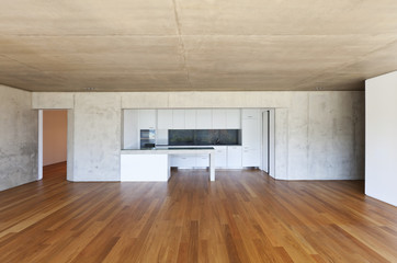 modern concrete house with hardwood floor, kitchen