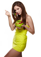 Woman with salad isolated on white