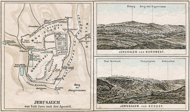 Map of Jerusalem and surroundings. The Bible. Germany, 1895