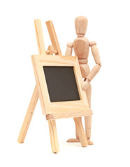 Wooden concept of mannequin in pose with wood frame