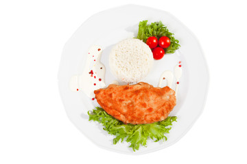 meat with mixed leaf salad an rice on isolated white