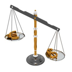 Dollar and euro signs on a brass scale (render)
