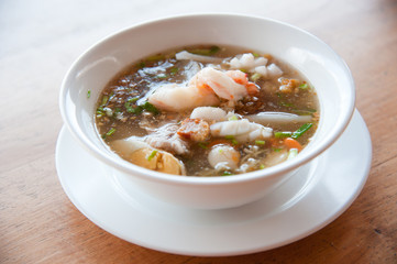 Seafood paste of rice flour (noodle) with egg, shrimp, squid