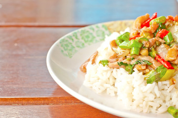 Thai spicy food, stir fried chicken whit basil on rice