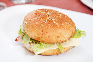 cheeseburger on the white plate