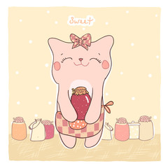 Card with cute smiling kitty and sweet jam