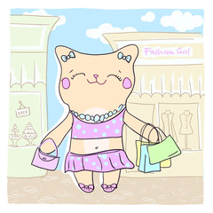 Card with cute smiling fashion kitty.