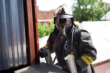 Firefighter climb on fire stairs