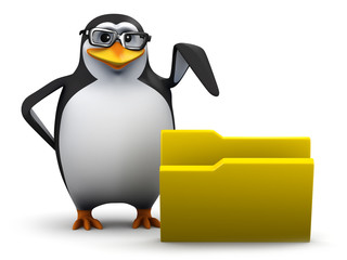 3d Penguin in glasses points to a folder