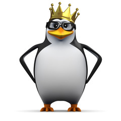 3d Penguin in glasses and royal gold crown