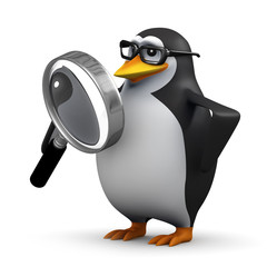 3d Penguin in glasses searches with magnifier