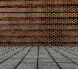 frontal 3d render of brick wall with tile pavement