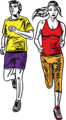 Sketch of couple marathon runners. Vector illustration