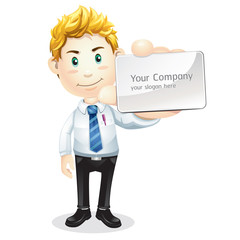 Business man handing a blank business card. Cartoon character.