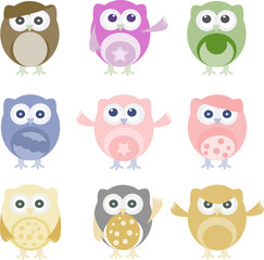 Set of nine cartoon owls with various emotions