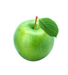 Green fresh apple with leaf isolated on white
