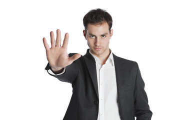 Young professional stop gesture with hand