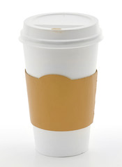 Paper coffee cup with safety cardboard collar on white