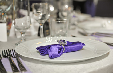 Spoon, clean plates ,glasses tied up celebratory ribbon.
