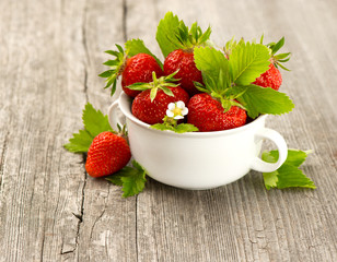 fresh strawberries with leaves and flowers