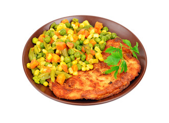 Chop with stewed vegetable, isolated on white background