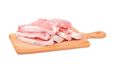 Raw meat steak on wooden board, isolated on white background